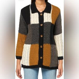 Multiples Patchwork Button-Up Cardigan - Black, Gray, Cream, Brown